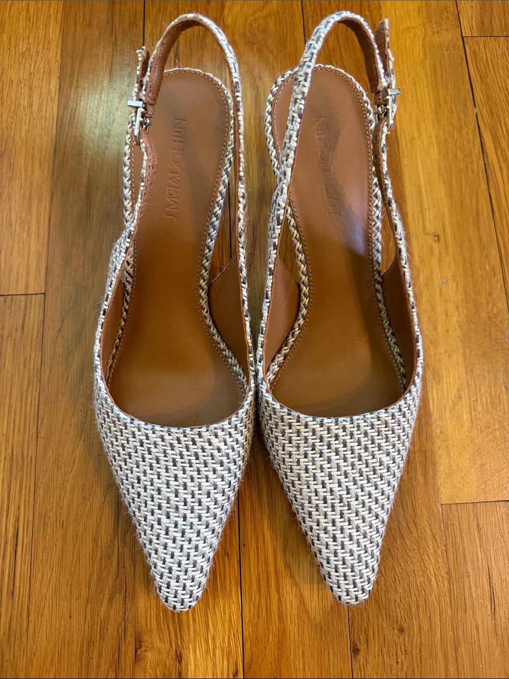 J. McLaughlin Woven Pointed Slingback Heels in Cream and Black